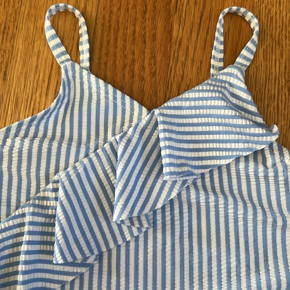 Old Navy girls striped ruffle swimsuit. Blue and white vertical stripe - Picture 2 of 8
